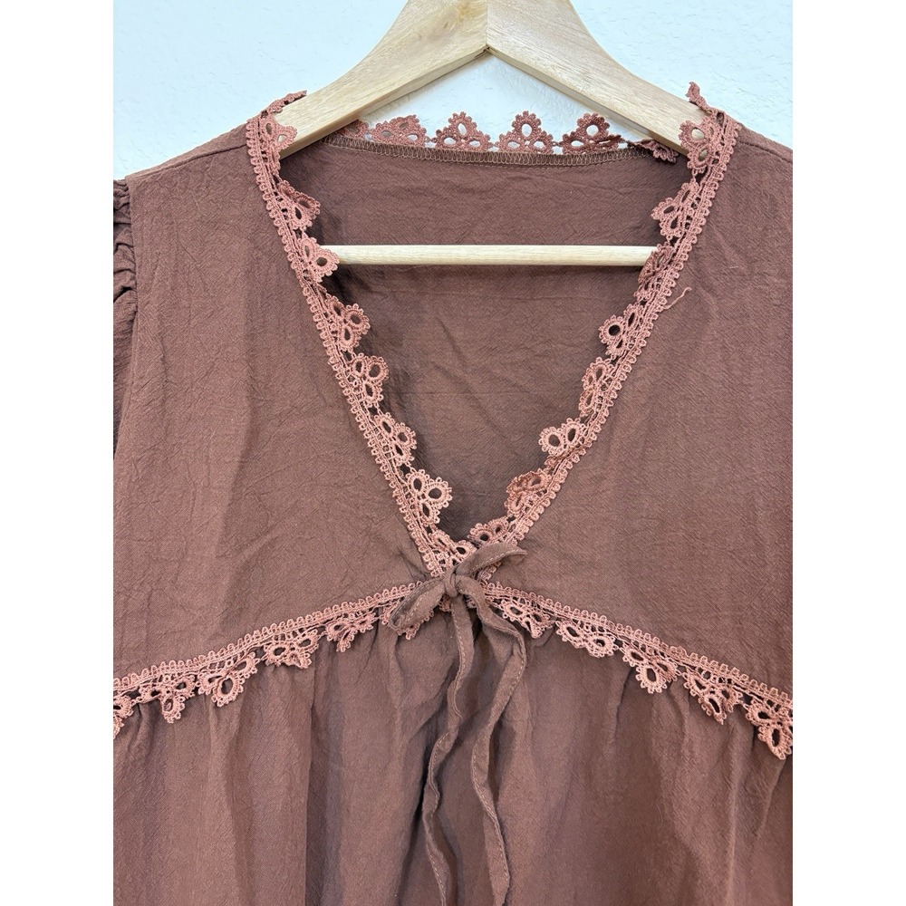 Boho Peasent Crop Top Blouse Sz Xs Brown Lace Empire Cottagecore Forest Fairy - Picture 2 of 4
